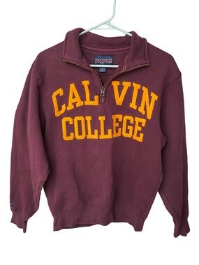 Vintage Jansport Calvin College quarter-zip maroon cotton sweatshirt size small